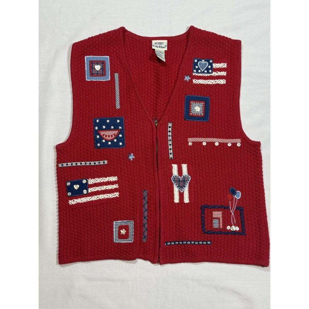 Vintage 90s Koret City Blues Knitted Patriotic USA Flag Zip Up Sweater Vest Sz M